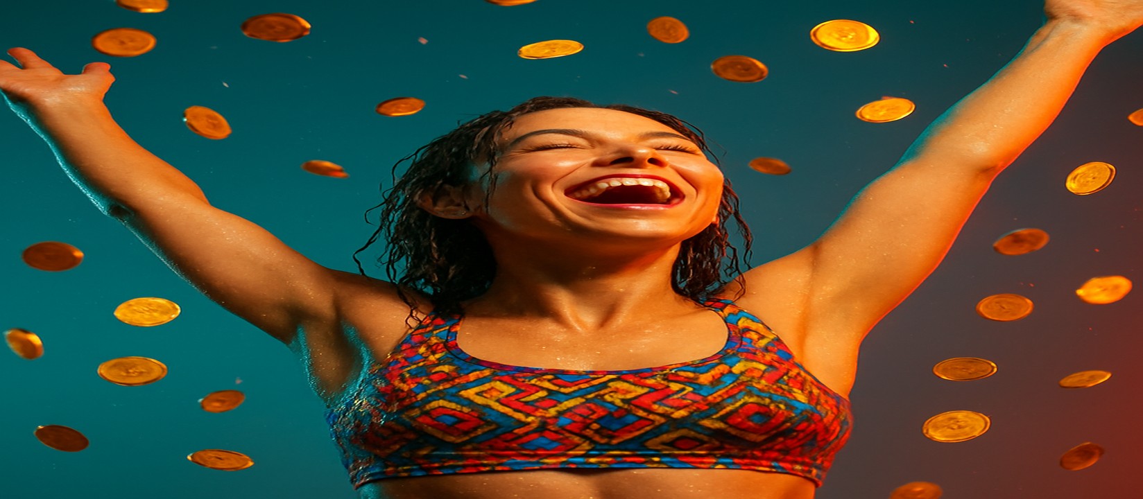 222bet app-এ মুদ্রার ঝরনার মাঝে রঙিন পোশাকে একজন নারী